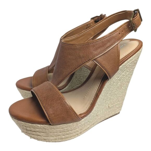 Gianni Bini Tan Leather Wedge Espadrille Sandals Slingback Heels Womens 9 - Picture 1 of 8